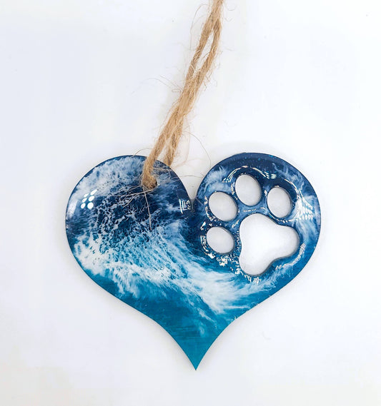 Dog Paw Heart Ornament - Handmade Resin & Wood Ornament