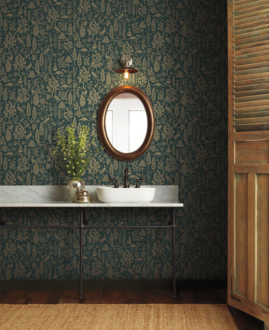 Menagerie Toile Wallpaper - Emerald & Metallic Gold