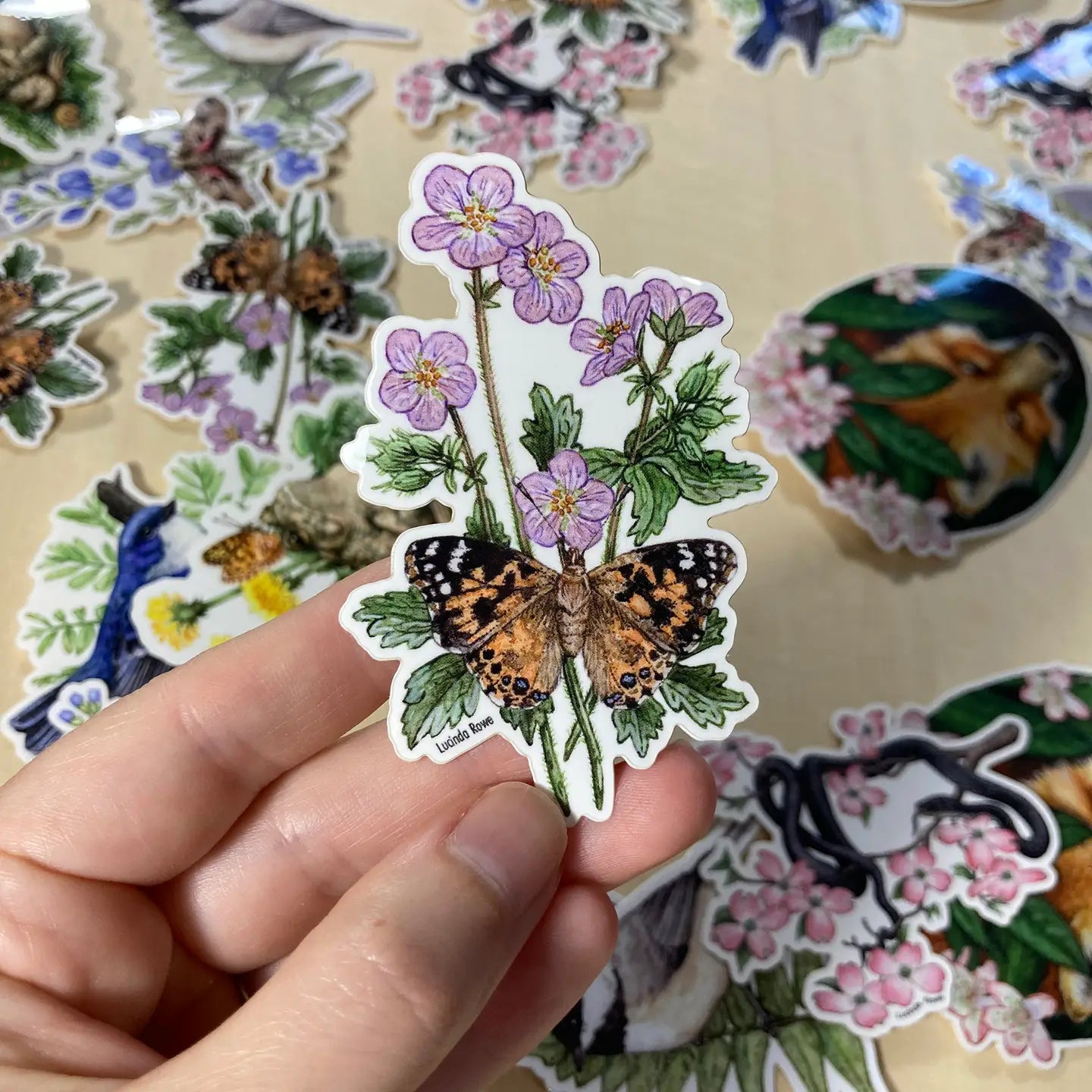 Painted Lady Butterfly On Wild Geranium Vinyl Sticker