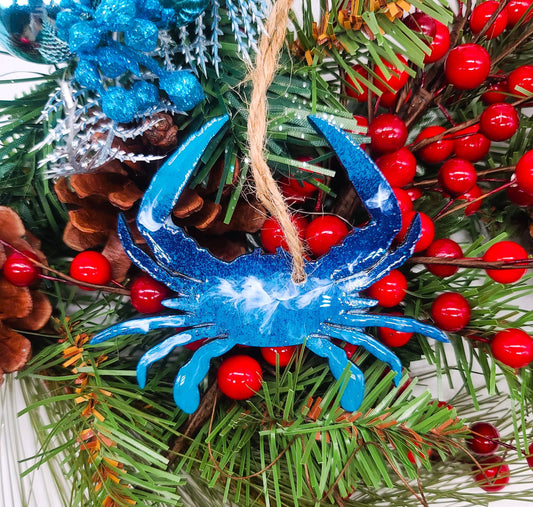 Blue Crab Ornament - Handmade Resin & Wood Ornament