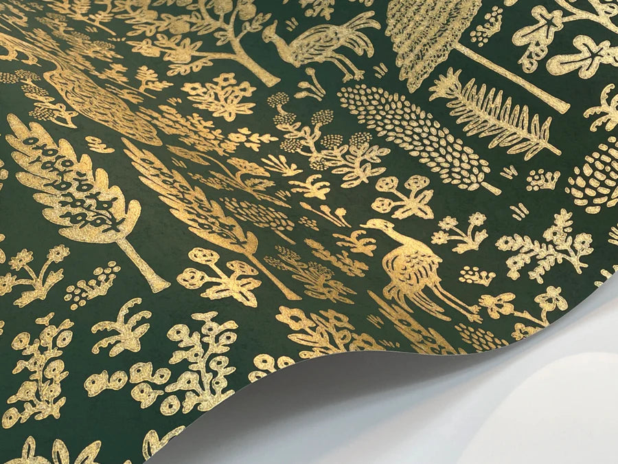 Menagerie Toile Wallpaper - Emerald & Metallic Gold