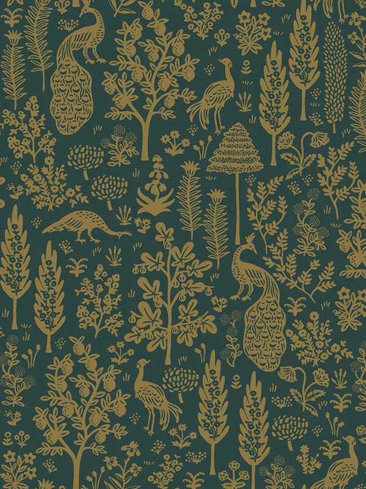 Menagerie Toile Wallpaper - Emerald & Metallic Gold