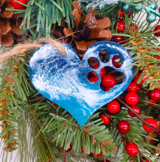 Dog Paw Heart Ornament - Handmade Resin & Wood Ornament