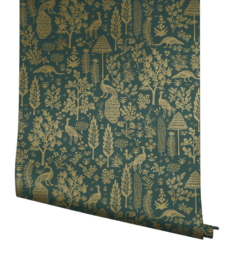 Menagerie Toile Wallpaper - Emerald & Metallic Gold