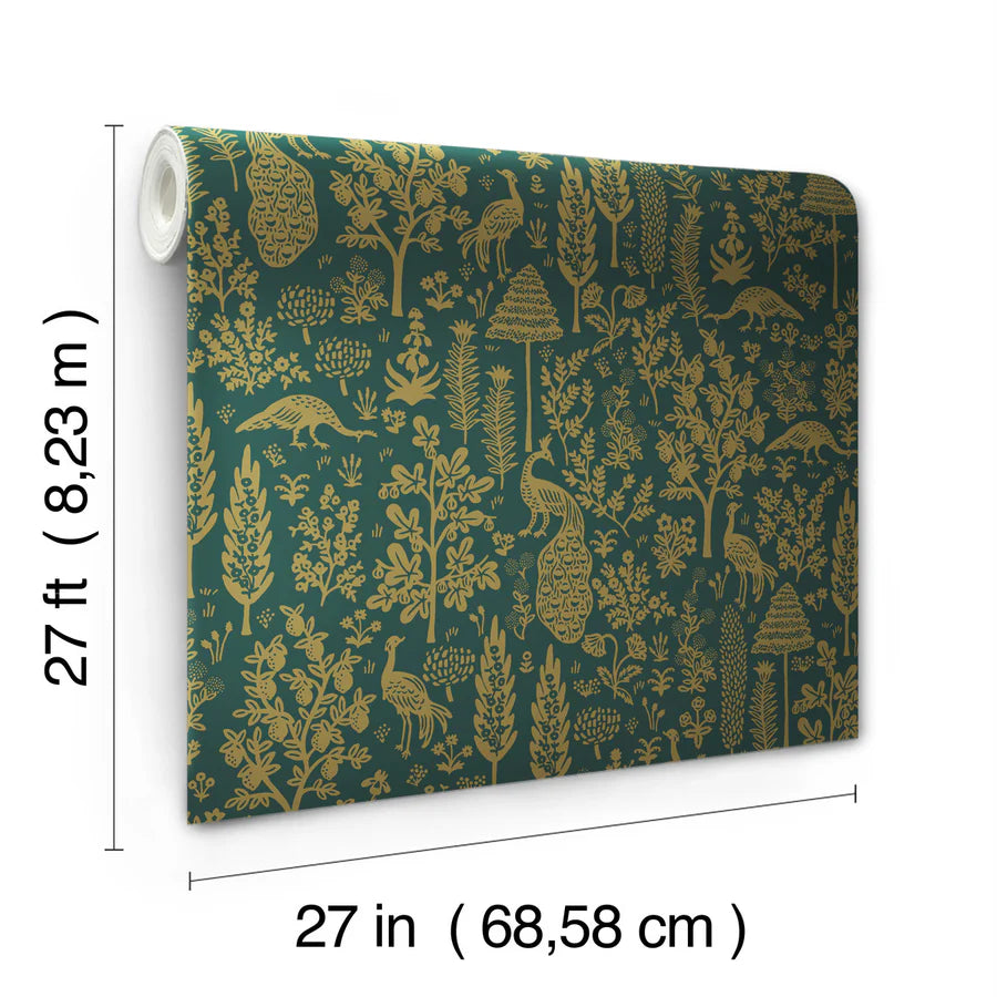 Menagerie Toile Wallpaper - Emerald & Metallic Gold