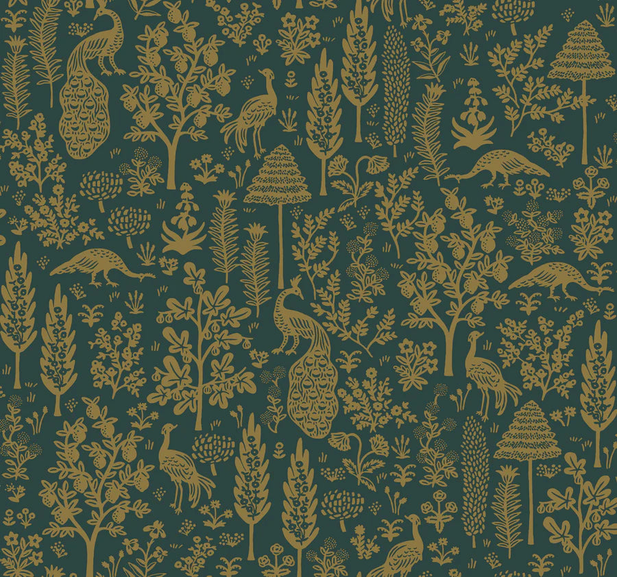 Menagerie Toile Wallpaper - Emerald & Metallic Gold