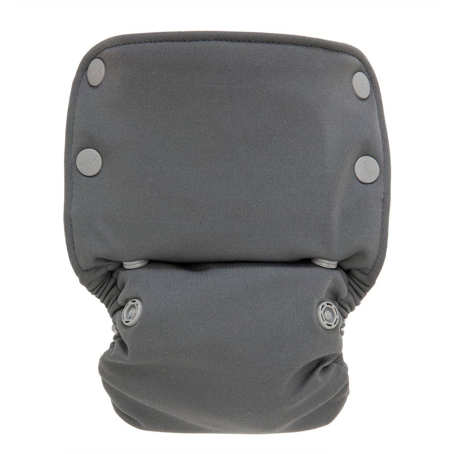 Gray GroVia Organic cloth diaper with snap closures on a white background.