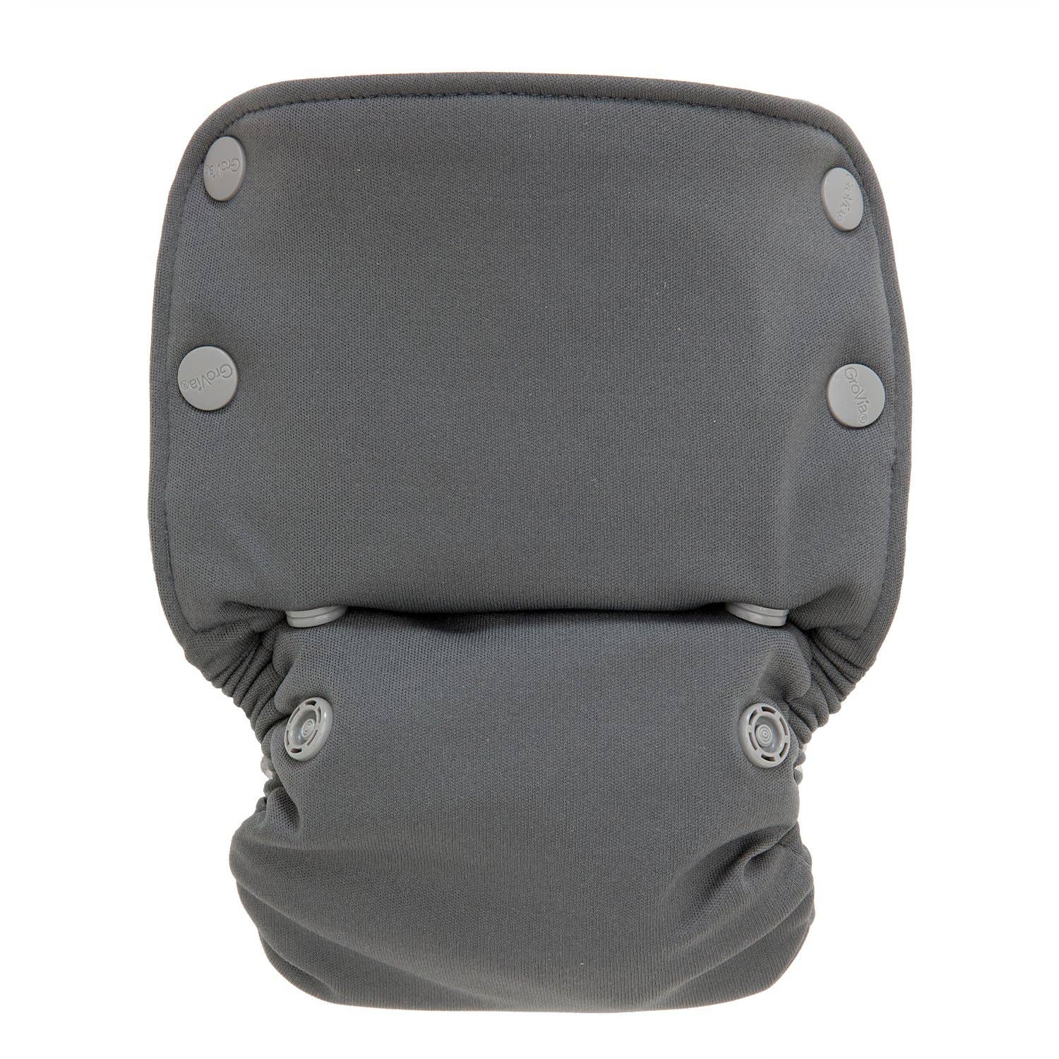 Gray GroVia Organic cloth diaper with snap closures on a white background.