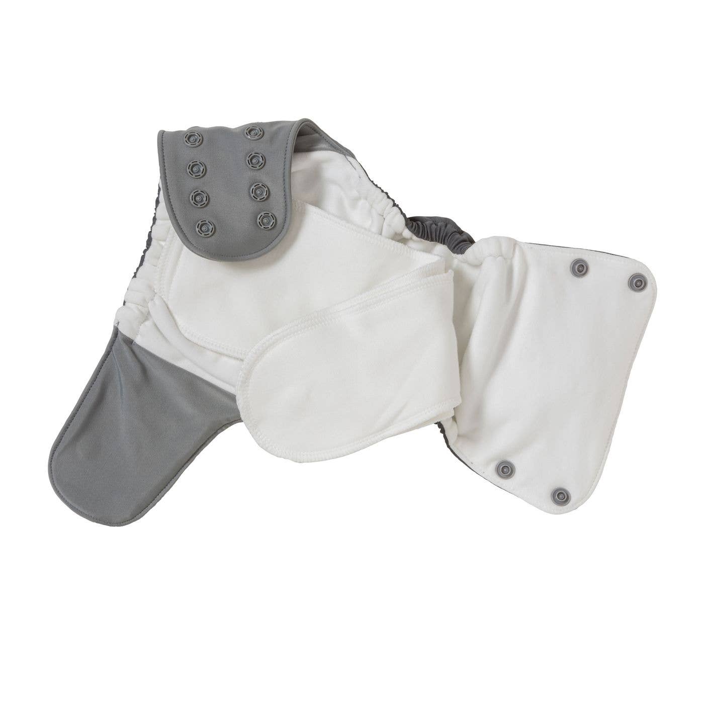 White interior of Grey GroVia Organic cloth diaper with snap closures on a white background.