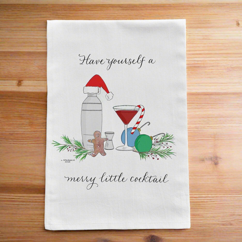 White tea towel with holiday martini scene. Have yourself a merry little cocktail.