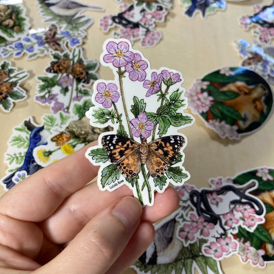 Painted Lady Butterfly On Wild Geranium Vinyl Sticker