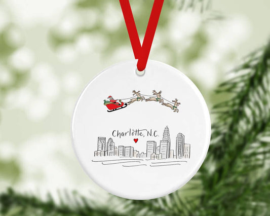 Charlotte Skyline Ornament With Santa And His Reindeer