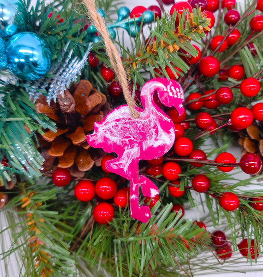 Pink Flamingo Ornament - Handmade Resin & Wood Ornament