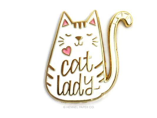 Cat Lady Enamel Lapel Pin in White