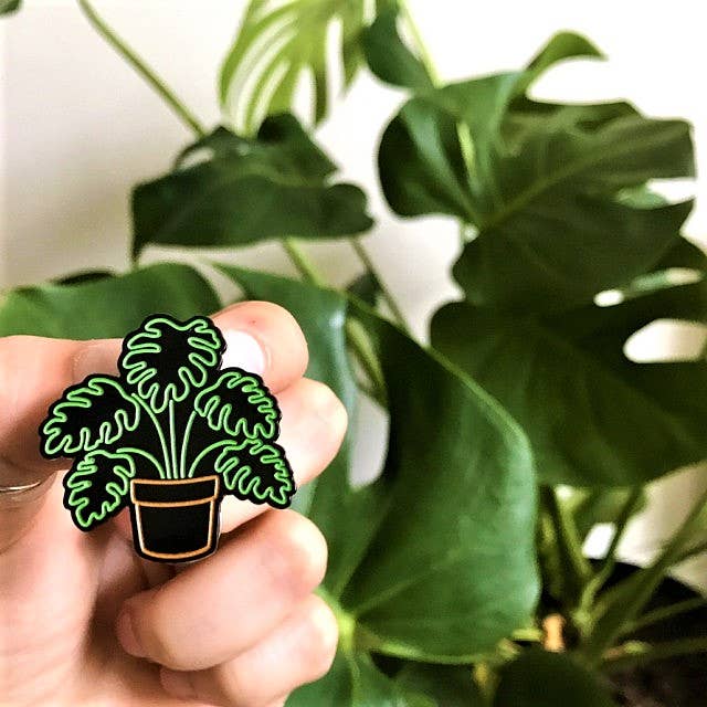 Neon Monstera Enamel Lapel Pin – Glow-in-the-Dark