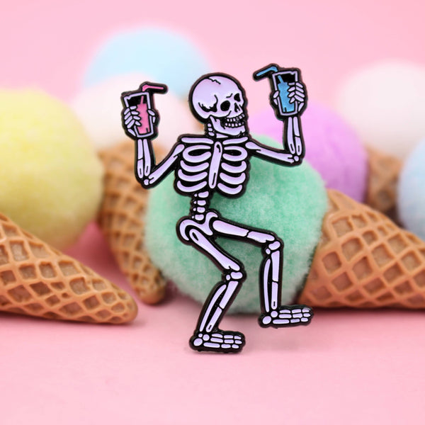Party Skeleton Enamel Lapel Pin – Glow-in-the-Dark, Party ‘Til You Die