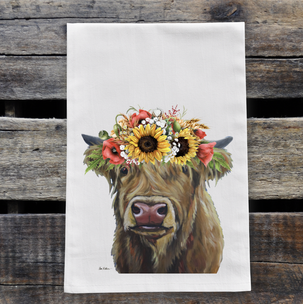 Highland Cow Sunflower Tea Towel