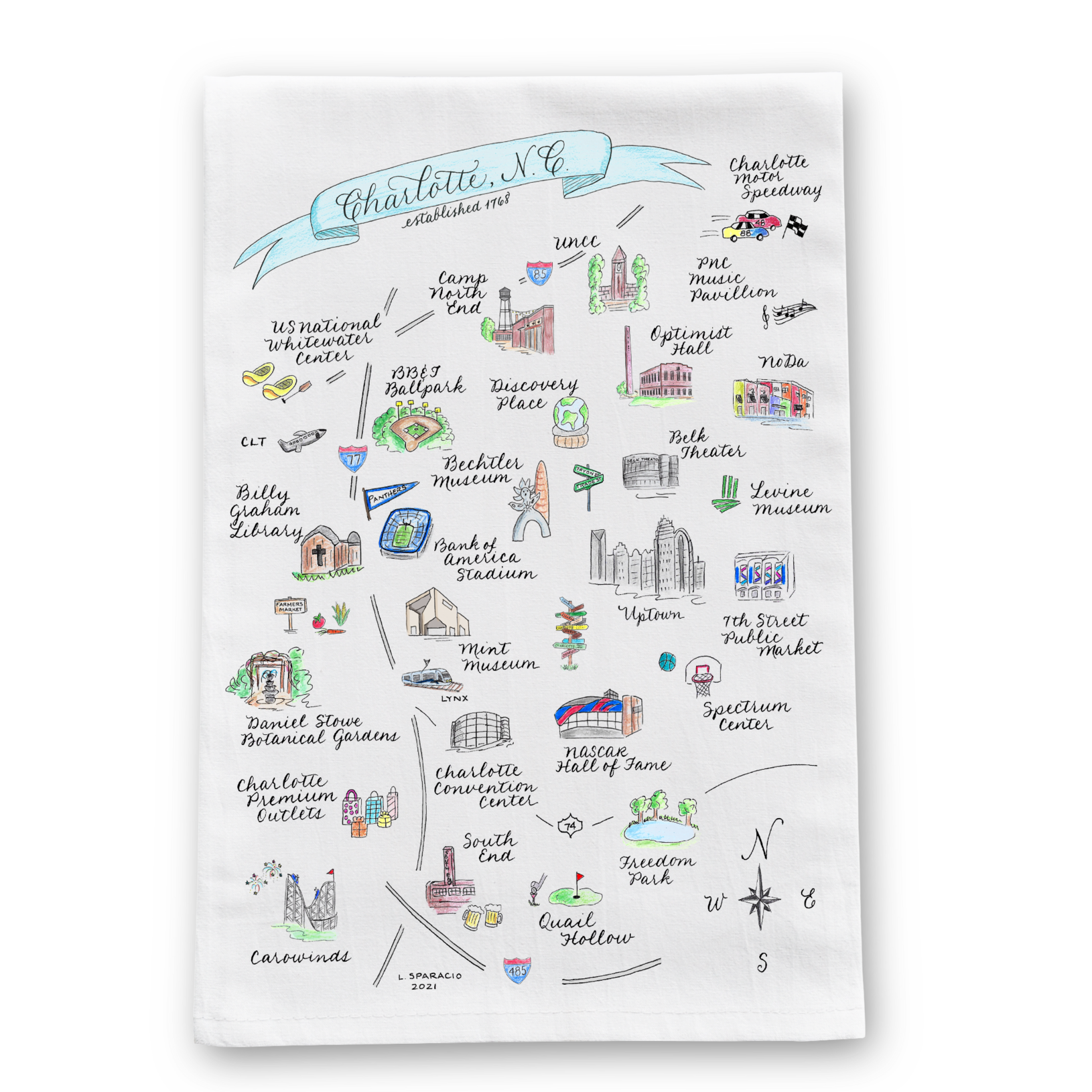 A white cotton tea towel with a hand-lettered print of a hand-calligraphed map of Charlotte, NC, featuring various streets and landmarks.