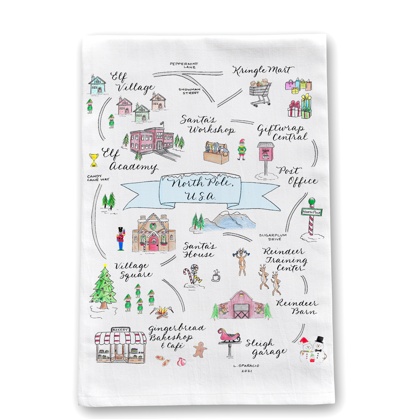 A white cotton tea towel with a hand-lettered print of a map of the North Pole, featuring various Christmas-themed illustrations such as Santa's workshop, a reindeer, and a Christmas tree.