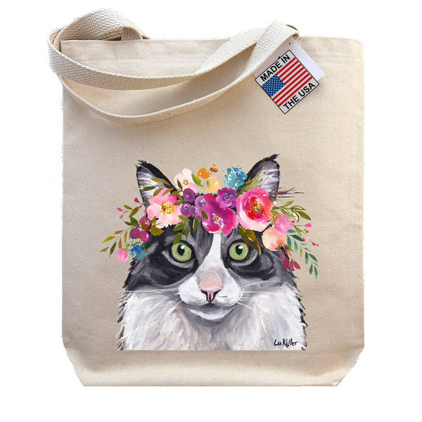 Grey Cat Flower Crown Tote Bag